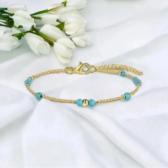 Turquoise Bead Bohemian Gold Anklet Bracelet - Picture 4 of 5